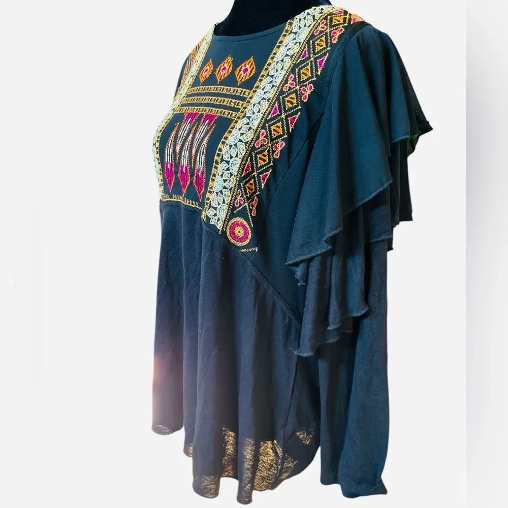 Free People Black Linen Embroidered Long Sleeve Shirt Size Small Ruffle Sleeves